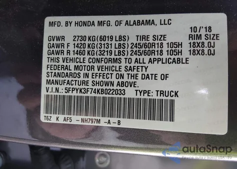 2019 Honda Ridgeline Rtl-E from USA, damaged, VIN 5FPYK3F74KB022033